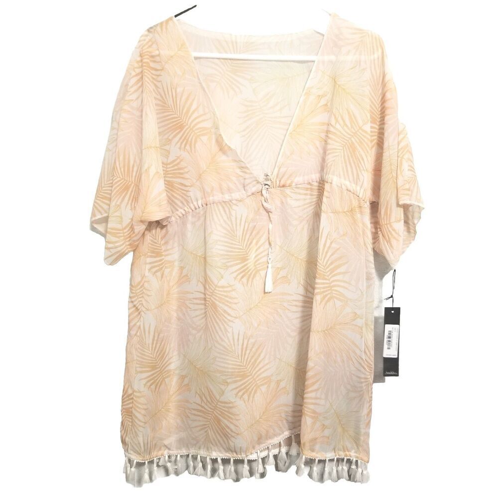 Nicole Miller Womens S Tropical Palm Print Cover Up Tassel Hem Beach Kaftan NWT